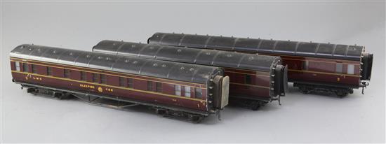 A set of three Exley LMS coaches, sleeping car 708, sleeping car 729 and baggage van no.31182